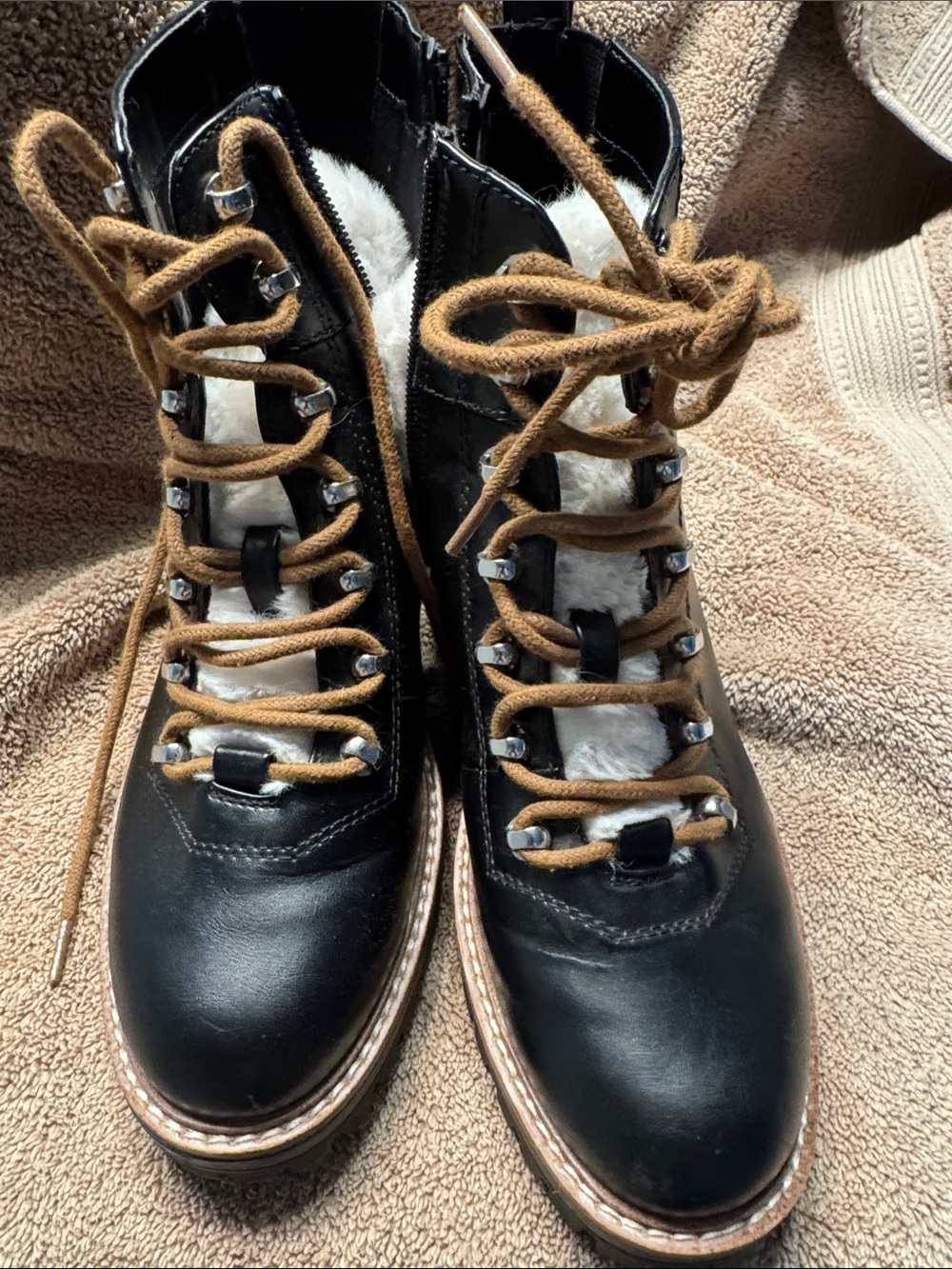 a new day Black Lace-Up Faux-Shearling Boots with Brown Laces